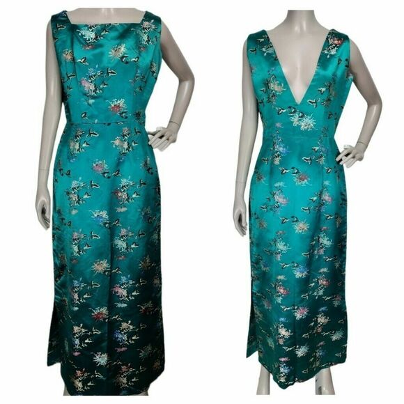 VTG 40's Traditional Teal Silk Jacquard Sleeveless Cheongsam Qipao Maxi Dress - Picture 1 of 12